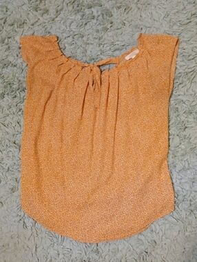 LC Lauren Conrad Orange Floral Tie-Neck Cap Sleeve Blouse